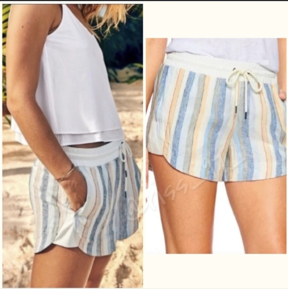 Athleta Striped Linen-Blend Athletic Shorts in Blue, Cream, Tan